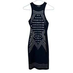 Express Black Silver Studded Bodycon Mini Dress Size XS Biker Edgy Y2K Revival